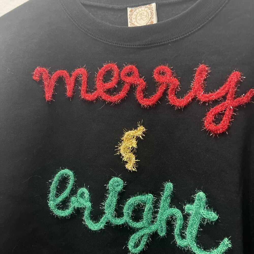 Tru Self Merry & Bright Sweatshirt Womens Small Black Christmas Holiday Crewneck - Picture 2 of 6